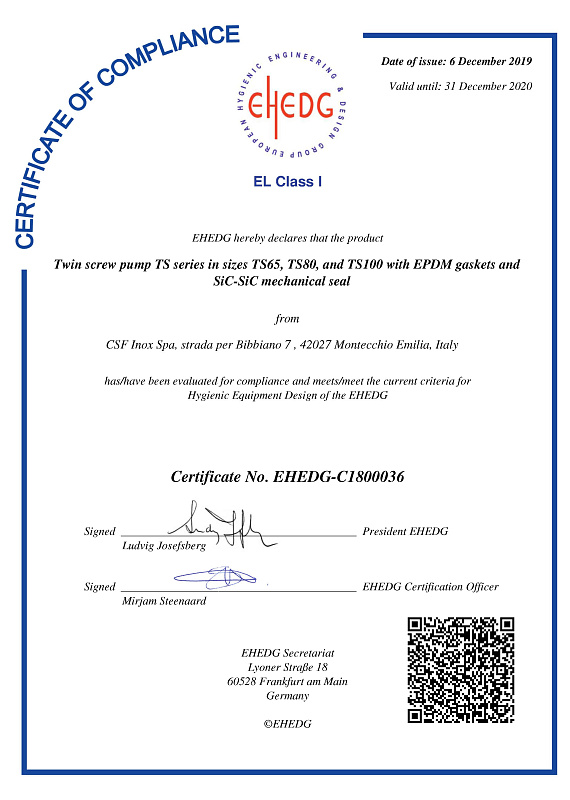 Сертификат EHEDG на насос серии TS CSF Inox